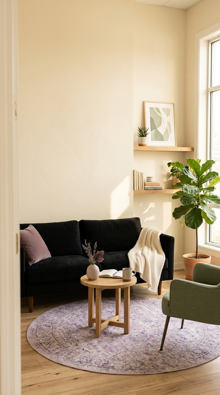Warm, sunlit therapy office in Butler, PA with a black sofa, wooden coffee table, sage armchair, and fiddle-leaf fig plant